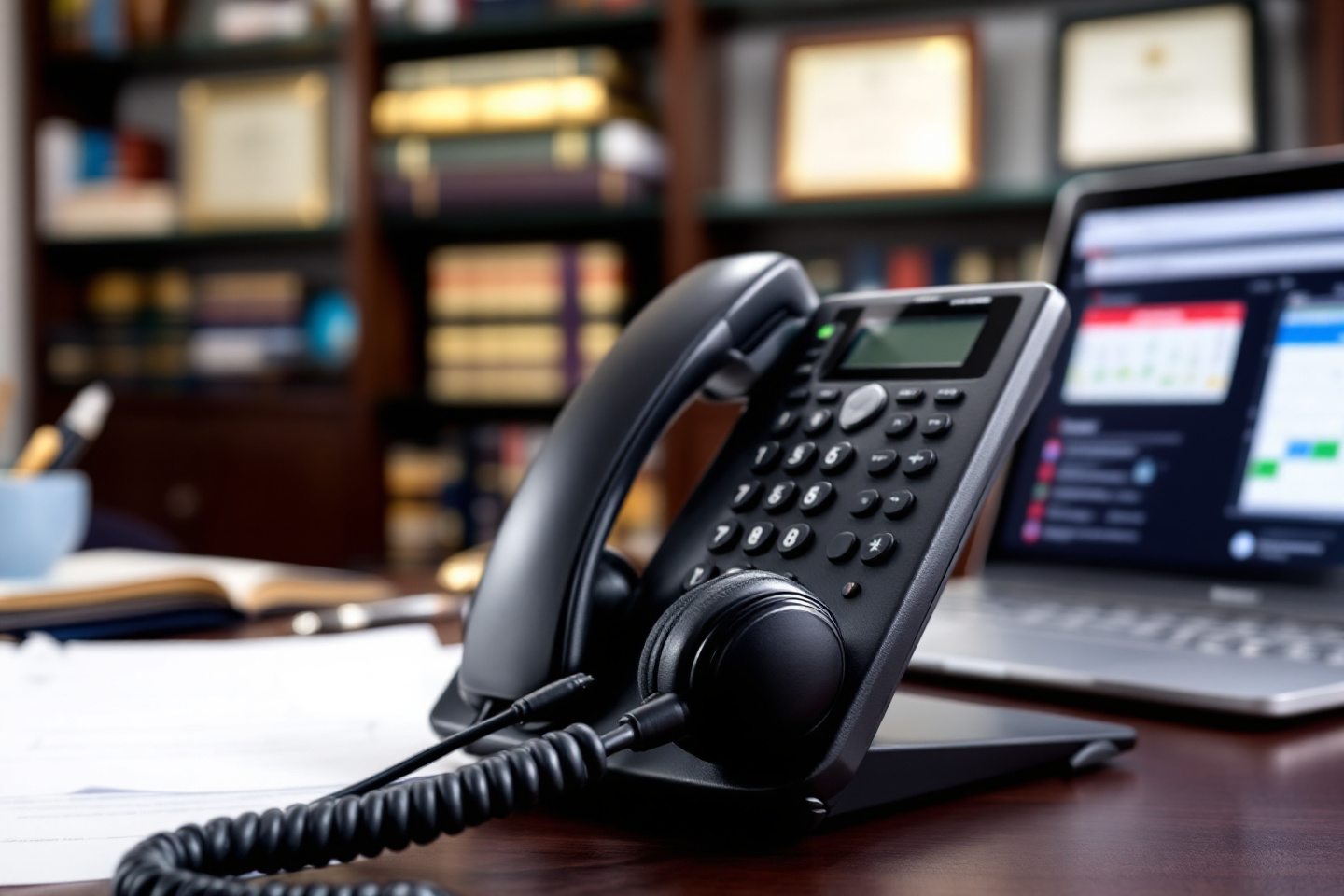 Casque téléphonique sur un bureau d'avocat