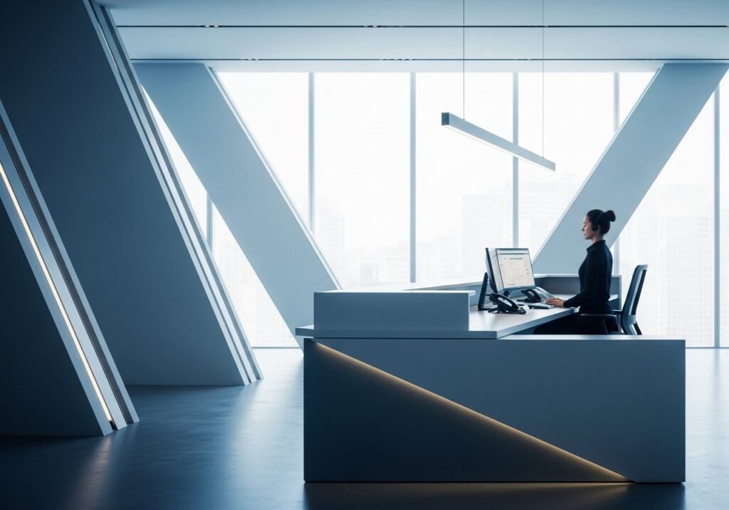 Un environnement de bureau moderne où un service d'accueil téléphonique pme assure une communication fluide et professionnelle.