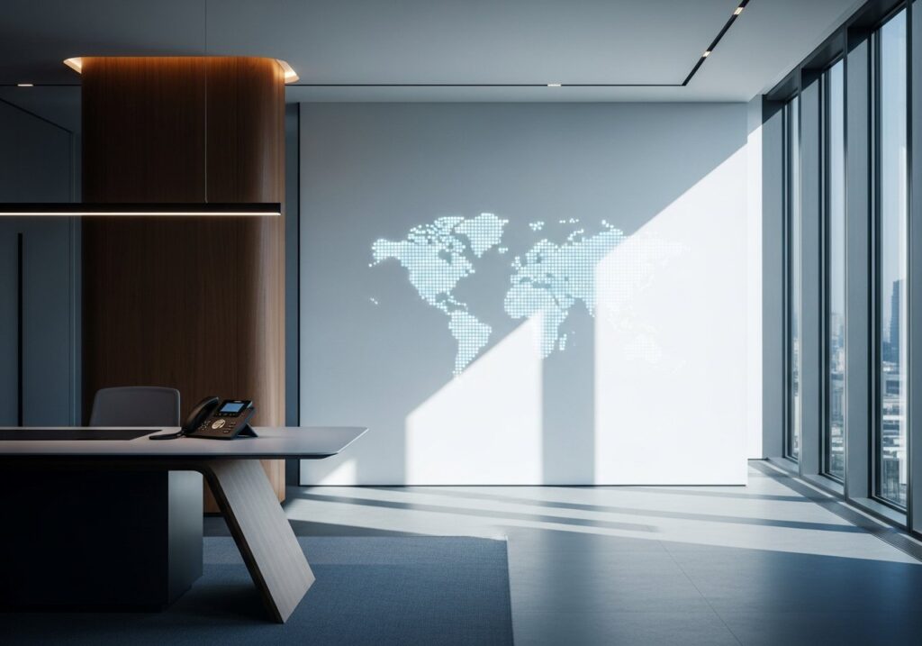 Illustration conceptuelle de la croissance internationale d'une entreprise grâce à une permanence téléphonique bilingue.