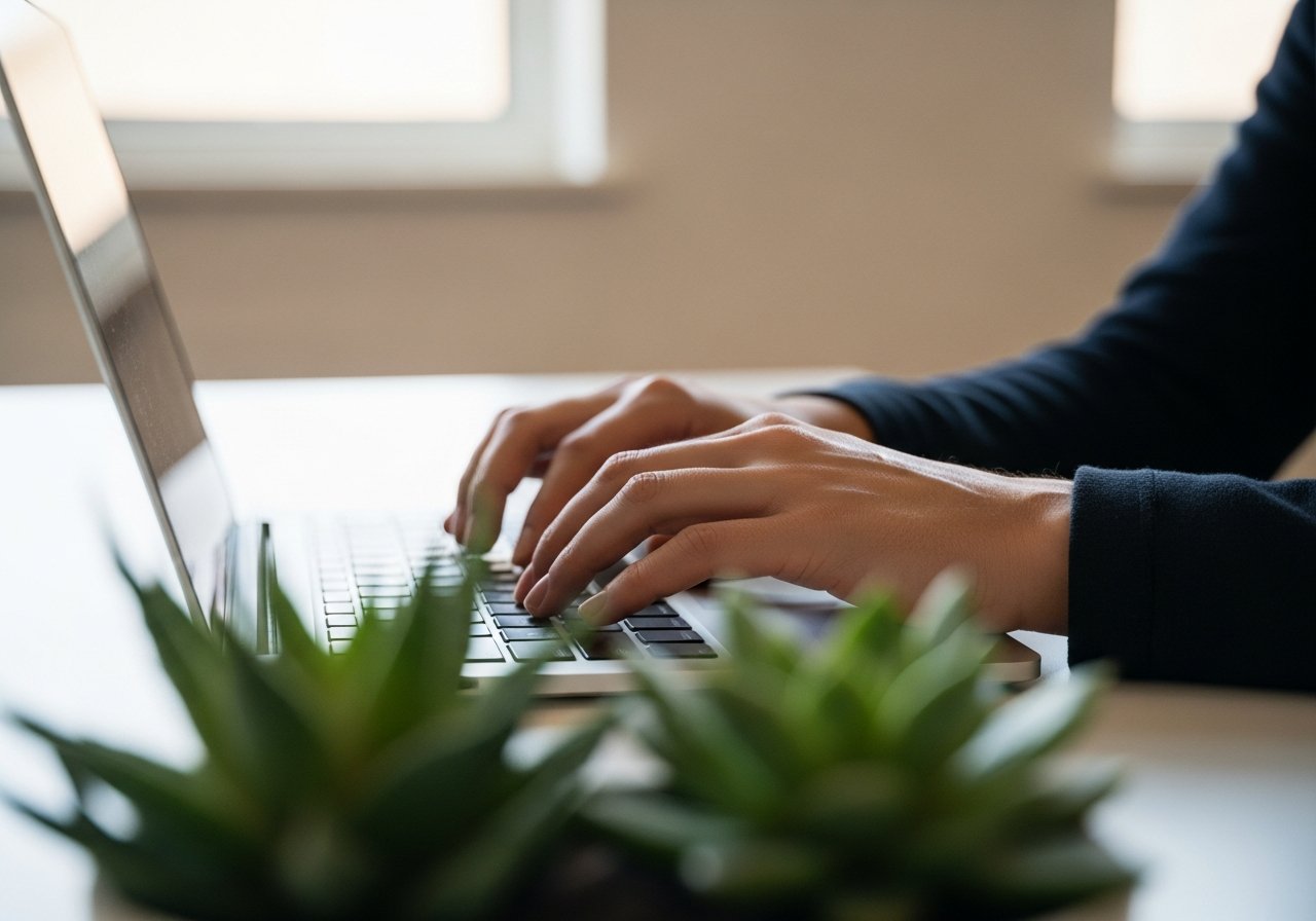 Un entrepreneur concentré sur sa croissance, ses tâches administratives gérées par un secrétariat à distance.